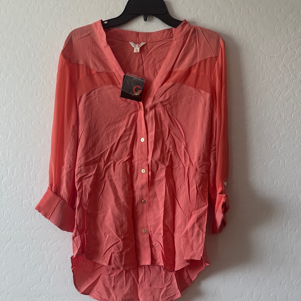 GUESS women's size XL NWT salmon pink blouse top gauzy beach pastel